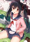  1girl :o bangs black_hair blue_sailor_collar blue_skirt blurry blurry_background blurry_foreground blush brown_footwear buttons cardigan cherry_blossoms commentary_request day depth_of_field flower grass hair_between_eyes hair_ribbon highres komori_kuzuyu loafers long_hair long_sleeves looking_at_viewer miniskirt moe2019 neckerchief open_cardigan open_clothes open_mouth original outdoors petals pink_cardigan pleated_skirt red_eyes red_neckwear red_ribbon ribbon sailor_collar school_uniform serafuku shirt shoes sidelocks sitting skirt skirt_hold sleeves_past_wrists socks solo sunlight thighs tree_shade twintails wariza white_flower white_legwear white_shirt 