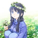  1girl artist_name commentary_request field flower flower_field hair_tie head_wreath highres holding holding_flower looking_at_viewer low_twintails outdoors parted_lips solo tamura_yuri tomohi track_suit twintails violet_eyes watashi_ga_motenai_no_wa_dou_kangaetemo_omaera_ga_warui! watermark web_address 