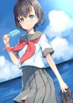  1girl ameshizuku_natsuki bangs blue_eyes blue_sky brown_hair closed_mouth clouds cloudy_sky commentary_request day dutch_angle eyebrows_visible_through_hair food grey_sailor_collar grey_skirt hair_between_eyes hand_up highres holding holding_food holding_footwear horizon loafers moe2019 neckerchief ocean original outdoors pleated_skirt popsicle red_neckwear sailor_collar school_uniform serafuku shirt shoes shoes_removed short_hair short_sleeves skirt sky smile solo water white_shirt 