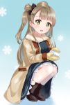 1girl :d bangs black_bow black_footwear black_skirt blue_background blunt_bangs boots bow brown_coat brown_hair coat fur-trimmed_coat fur_trim hair_bow hair_ornament highres holding long_hair long_sleeves looking_at_viewer love_live! love_live!_school_idol_project minami_kotori mittens one_side_up open_mouth skirt smile snowball snowflake_background solo squatting winter x_hair_ornament yellow_eyes yellow_mittens yoshinon_(yoshinon_kotori) 