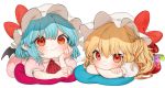  2girls :t ascot bangs bat_wings blonde_hair blue_hair blush bow chibi chin_rest commentary_request crossed_arms crystal dress eyebrows_visible_through_hair flandre_scarlet gotoh510 hair_between_eyes hand_on_own_cheek hand_up hat hat_bow long_hair looking_at_viewer lying mob_cap multiple_girls on_stomach one_side_up pink_dress pointy_ears puffy_short_sleeves puffy_sleeves red_bow red_eyes red_neckwear red_vest remilia_scarlet shirt short_sleeves siblings simple_background sisters smile touhou vest white_background white_hat white_shirt wings 