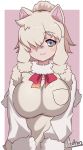  1girl :3 alpaca_ears alpaca_suri_(kemono_friends) animal_ears artist_name bangs blonde_hair blue_eyes breast_pocket breasts closed_mouth commentary_request eyebrows_visible_through_hair fur-trimmed_sleeves fur_scarf fur_trim hair_bun hair_over_one_eye highres horizontal_pupils impossible_clothes kemono_friends large_breasts long_sleeves looking_at_viewer medium_hair neck_ribbon platinum_blonde_hair pocket ribbon ringed_eyes ryuusui_arumo scarf smile solo sweater_vest upper_body v_arms 