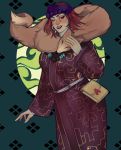  1girl ainu ainu_clothes bag bandanna bead_necklace beads earrings fox fur golden_kamuy hand_up handbag highres hoop_earrings inkarmat jewelry lipstick long_sleeves looking_at_viewer makeup necklace red_eyes redhead simple_background smile solo standing tamimay_(kshatriya) 