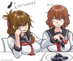  2girls alternate_breast_size anchor_symbol black_sailor_collar brown_eyes brown_hair dated dilated_pupils eggplant folded_ponytail fork hair_ornament hairclip highres ikazuchi_(kantai_collection) inazuma_(kantai_collection) kantai_collection long_hair long_sleeves looking_at_viewer multiple_girls nanodesu_(phrase) neckerchief plate red_neckwear sailor_collar school_uniform serafuku shirt short_hair simple_background sozan translated twitter_username upper_body white_background white_shirt 