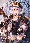  1girl aiguillette armband bare_tree black_choker black_coat black_dress blue_sky blush bolt_action boots breasts buttons choker cleavage closed_mouth cowboy_shot cross day dress floating_hair forest fur_collar fur_trim girls_frontline gun hair_between_eyes hand_on_hip hat highres holding holding_gun holding_weapon jacket_on_shoulders kar98k_(girls_frontline) large_breasts lkeris long_hair long_sleeves looking_at_viewer mauser_98 military military_hat military_uniform nature outdoors peaked_cap puffy_sleeves red_eyes sidelocks silver_hair sky smile snow snowing solo standing thigh-highs thigh_boots tree uniform very_long_hair weapon 