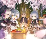  3girls ahoge apple banana bandage bell blurry_foreground bow bowtie cake check_commentary cherry_blossoms cloak commentary_request cup eyebrows_visible_through_hair facial_scar fate/apocrypha fate/extra fate/grand_order fate_(series) food fork frills fruit fur_trim glass_bottle glint grapes grey_eyes grey_hair hair_ornament hat jack_the_ripper_(fate/apocrypha) jar jeanne_d&#039;arc_(fate)_(all) jeanne_d&#039;arc_alter_santa_lily jingle_bell multiple_girls nursery_rhyme_(fate/extra) open_mouth personification petals rabbit sailor_hat saucer scar scar_on_cheek short_hair sweatdrop tattoo teacup teapot tearing_up tray tuxedo violet_eyes yasuyuki yellow_eyes 