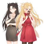  2girls ^_^ bangs bare_shoulders belt bitter_sweet_(fate/grand_order) black_bow black_dress black_hair blonde_hair blush bow box bracelet breasts brown_legwear closed_eyes closed_eyes closed_mouth collarbone commentary_request covering_mouth cowboy_shot cross cross_necklace dress earrings embarrassed ereshkigal_(fate/grand_order) eyebrows_visible_through_hair facing_viewer fate/grand_order fate_(series) floating_hair gift gift_box hair_bow hand_up hands_up hayashi_kewi holding holding_box holding_gift hoop_earrings infinity ishtar_(fate/grand_order) jacket jewelry latin_cross long_hair looking_away looking_to_the_side multiple_girls necklace off_shoulder open_clothes open_jacket pantyhose parted_bangs red_dress red_eyes red_ribbon ribbon short_sleeves side-by-side simple_background sleeveless sleeveless_dress small_breasts smile standing striped striped_dress two_side_up vertical-striped_dress vertical_stripes white_background white_bow white_jacket wide_sleeves 