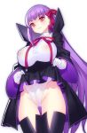  1girl bangs bb_(fate)_(all) bb_(fate/extra_ccc) black_coat black_footwear black_skirt blush boots breasts empty_eyes fate/extra fate/extra_ccc fate_(series) gloves hair_ribbon high-waist_skirt hip_focus large_breasts leotard long_hair long_sleeves looking_at_viewer mckeee neck_ribbon puffy_nipples purple_hair red_eyes red_ribbon ribbon simple_background skirt skirt_lift smile solo thigh-highs thigh_boots thighs very_long_hair white_background white_gloves white_leotard wide_sleeves 