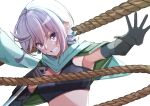  1girl aqua_scarf bangs black_bra black_gloves bra cape chris_(konosuba) clenched_teeth commentary_request crystal_earrings earrings eyebrows_behind_hair gloves green_cape highres holding holding_knife jewelry knife kono_subarashii_sekai_ni_shukufuku_wo! outstretched_arm outstretched_hand reaching_out rope sarasara_shoyu scar scar_on_cheek scar_on_face scarf short_hair silver_hair simple_background solo teeth underwear upper_body violet_eyes white_background 