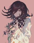  1boy bangs buckle checkered checkered_scarf commentary_request dangan_ronpa flower gakuran hair_over_one_eye hand_up holding holding_flower lemontea lens_flare long_sleeves looking_at_viewer medium_hair new_dangan_ronpa_v3 ouma_kokichi pink_background pink_flower purple_hair scarf school_uniform shirt sidelocks smile solo sparkle swept_bangs upper_body violet_eyes white_gakuran white_shirt 