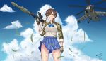  1girl adapted_uniform aircraft brown_hair camouflage clouds commentary dated english_commentary gloves grass half_updo helicopter highres himmelstern looking_at_viewer mi-24 original pleated_skirt rocket_launcher rpg rpg-7 signature skirt sky solo trigger_discipline twitter_username weapon wind wind_lift yellow_eyes 