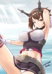  1girl abs armpits bare_shoulders breasts brown_hair clouds cloudy_sky day gloves green_eyes groin hairband hand_behind_head headgear highres kantai_collection kiriki_haruomi large_breasts light_rays midriff miniskirt mutsu_(kantai_collection) navel ocean outdoors panties radio_antenna red_legwear short_hair skirt sky smile solo sunbeam sunlight underwear white_gloves 