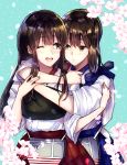  2girls akagi_(kantai_collection) bangs blue_hakama blush brown_eyes brown_hair cherry_blossoms closed_mouth expressionless eyebrows_visible_through_hair hakama hakama_skirt highres hug japanese_clothes kaga_(kantai_collection) kantai_collection long_hair mochiko_(mocchikkoo) multiple_girls muneate one_eye_closed open_mouth petals red_hakama side_ponytail smile straight_hair tasuki teeth traditional_media upper_body upper_teeth yuri 