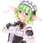  1girl black_bow blush bow brown_eyes detached_sleeves elf green_eyes heart heart_hands kan_ten looking_at_viewer maid maid_headdress pointy_ears sennen_sensou_aigis short_hair smile solo upper_body white_background 