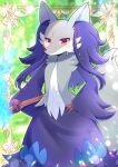  alternate_color animal_ear_fluff animal_ears blue_fire blurry blurry_background closed_mouth commission delphox depth_of_field fire fox_ears fox_girl fox_tail furry furry_female hand_on_own_hip holding holding_stick kou_hiyoyo long_sleeves pokemon pokemon_(creature) red_eyes shiny_pokemon skeb_commission smile solo stick tail wide_sleeves 
