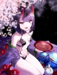  1girl black_background bob_cut breasts cherry_blossoms cup eyeliner eyeshadow fate/grand_order fate_(series) flower gourd hakka_(88hk88) headpiece highres horns japanese_clothes kimono makeup off_shoulder oni oni_horns open_clothes open_kimono purple_hair purple_kimono red_flower revealing_clothes sakazuki seiza short_eyebrows short_hair shuten_douji_(fate/grand_order) sitting small_breasts solo violet_eyes 