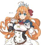  1girl ahoge bangs blue_eyes breasts dress gloves highres large_breasts long_hair o-ring_belt om orange_hair pecorine princess_connect! princess_connect!_re:dive ribbon short_sleeves sketch surprised teshima_nari tiara white_gloves 