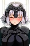  1girl absurdres bangs black_dress blurry blurry_background blush breasts breath chains closed_eyes closed_mouth commentary_request covered_collarbone depth_of_field dress eyebrows_visible_through_hair eyelashes facing_viewer fate/apocrypha fate/grand_order fate_(series) fringe_trim hair_between_eyes headpiece heart heavy_breathing highres incoming_kiss jeanne_d&#039;arc_(alter)_(fate) jeanne_d&#039;arc_(fate)_(all) kojima_saya large_breasts lips nose_blush short_hair sidelocks signature silver_hair skin_tight solo steam translation_request 