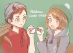  1boy 1girl :d backpack bag beanie beret brown_eyes brown_hair copyright_name creatures_(company) female_protagonist_(pokemon_swsh) game_freak green_background grey_sweater hat highres holding holding_poke_ball male_protagonist_(pokemon_swsh) nintendo open_mouth poke_ball poke_ball_(generic) pokemon pokemon_(game) pokemon_swsh red_shirt sapphire_yue shirt short_hair sketch smile sweater 