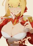  1girl 3four ahoge blonde_hair blush breasts cleavage dress fate/extra fate_(series) green_eyes hair_ribbon large_breasts looking_at_viewer nero_claudius_(fate) nero_claudius_(fate)_(all) ribbon short_hair simple_background smile solo 