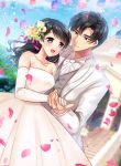  1boy 1girl balloon bare_shoulders black_eyes black_hair blue_sky blurry blurry_background blush church commission day dress elbow_gloves flower formal gloves grey_vest hair_flower hair_ornament hand_holding ibuki_haruhi jewelry long_hair looking_at_another looking_at_viewer necklace original outdoors petals sky stairs standing suit vest wedding_dress white_gloves white_suit 