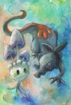  black_eyes creatures_(company) game_freak gen_7_pokemon highres looking_at_another looking_at_viewer morelull mude530 nintendo no_humans pokemon purple_sclera salandit traditional_media watercolor_(medium) 