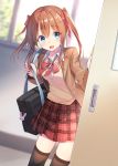 1girl :d bag blazer blue_eyes blurry blurry_background blush brown_hair brown_jacket brown_legwear brown_sweater buttons collared_shirt commentary_request cowboy_shot day depth_of_field door hair_ribbon holding indoors jacket light_particles long_hair long_sleeves looking_at_viewer miniskirt moe2019 neck_ribbon open_clothes open_jacket open_mouth original plaid plaid_skirt pleated_skirt red_neckwear red_ribbon red_skirt ribbon school_bag school_uniform shirai_tanuki shirt sidelocks skirt smile solo standing striped striped_neckwear sweater thigh-highs twintails undershirt white_shirt wing_collar zettai_ryouiki 