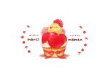  1other bird chai flower_in_mouth food fruit highres mother&#039;s_day original red_ribbon ribbon simple_background sitting_on_food strawberry tart_(food) whipped_cream white_background 