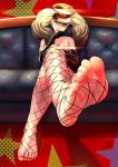  1girl bangs bare_shoulders black_gloves blonde_hair blue_eyes breasts couch earrings elbow_gloves fishnet_pantyhose fishnets gloves hat highres jewelry k.ty_(amejin) legs_crossed leotard long_hair looking_at_viewer medium_breasts nail_polish pantyhose peaked_cap persona persona_5 red_leotard red_lips red_nails sidelocks signature sitting smile solo takamaki_anne twintails 