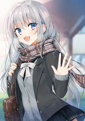  1girl :d absurdres bag black_jacket black_shirt black_skirt blazer blue_eyes blurry blush building buttons collared_shirt commentary_request day depth_of_field enpera fang grey_cardigan hand_up highres jacket long_hair long_sleeves looking_at_viewer miniskirt miyukiyo moe2019 neck_ribbon open_clothes open_jacket open_mouth original outdoors plaid plaid_scarf pleated_skirt ribbon scarf school_bag school_uniform shirt sidelocks silver_hair skirt smile solo standing undershirt upper_body white_neckwear wing_collar 