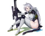  1girl animal_ears blue_eyes breasts commentary disembodied_limb earpiece english_commentary girls_frontline gun high_heels injury jacket knee_pads ksvk_(girls_frontline) ksvk_12.7 large_breasts legs long_hair mechanical_arm pandea_work rifle silver_hair sitting solo thigh-highs weapon 