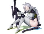  1girl animal_ears anti-materiel_rifle blue_eyes braid breasts disembodied_limb earpiece girls_frontline gun high_heels injury jacket knee_pads ksvk_(girls_frontline) ksvk_12.7 large_breasts legs long_hair looking_at_viewer mechanical_arm pandea_work parted_lips rifle scope shadow sniper_rifle weapon 