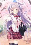  1girl bag black_legwear blue_sky blurry breasts buttons cherry_blossoms closed_mouth collared_shirt commentary_request cowboy_shot day depth_of_field hair_ribbon hand_up head_tilt highres holding long_hair long_sleeves looking_at_viewer medium_breasts moe2019 mole mole_under_eye neck_ribbon original outdoors path plaid plaid_skirt pleated_skirt red_neckwear red_skirt ribbon road school_bag school_uniform shirt sidelocks silver_hair skirt sky smile solo standing sunlight thigh-highs tree tree_shade two_side_up urata_asao very_long_hair violet_eyes white_ribbon white_shirt zettai_ryouiki 