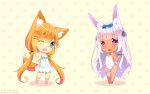  animal_ears blue_eyes bunny_girl bunnysuit chibi dark_skin detached_collar dress eyebrows_visible_through_hair fang fishnet_pantyhose fishnets fox_ears fox_shadow_puppet fox_tail hair_ornament hairclip highres leotard looking_at_viewer ming_(3952862) one_eye_closed open_mouth original pantyhose rabbit_ears red_eyes strapless strapless_leotard tail white_dress wrist_cuffs 