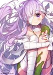  1girl bandage bandage_over_one_eye bandaged_arm bandaged_head bandages bangs blush closed_mouth collarbone eyebrows_visible_through_hair fate/grand_order fate_(series) hair_over_one_eye hong_(white_spider) kingprotea leg_hug long_hair looking_at_viewer moss nail_polish one_eye_covered purple_hair purple_nails simple_background sitting smile solo very_long_hair violet_eyes white_background 