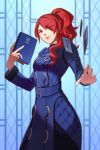  1girl 3four book breasts closed_mouth cosplay double-breasted dress hair_over_one_eye hairband kirijou_mitsuru long_hair looking_at_viewer margaret_(persona) persona persona_3 persona_3:_dancing_moon_night persona_4 red_eyes redhead smile solo wavy_hair 