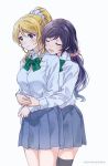  2girls artist_name ayase_eli black_legwear blonde_hair blue_eyes blue_skirt blush bow bowtie closed_eyes collared_shirt dress_shirt frown green_neckwear hair_ornament hair_scrunchie highres hug hug_from_behind long_hair long_sleeves love_live! love_live!_school_idol_project low_twintails miniskirt multiple_girls open_mouth pink_scrunchie pleated_skirt ponytail purple_hair scrunchie shirt sidelocks simple_background skirt smile striped striped_neckwear surufuji sweatdrop thigh-highs toujou_nozomi twintails u_u white_background white_scrunchie white_shirt yuri 