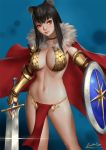  animal_ears ariverkao armor bangs bikini bikini_armor black_hair black_panties blue_background breasts brown_eyes cape choker closed_mouth dated eyebrows_visible_through_hair feather_trim gauntlets large_breasts lips long_hair looking_to_the_side original panties pelvic_curtain shield signature simple_background standing swimsuit sword underwear weapon 