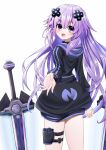  1girl :d adult_neptune bare_legs blush commentary_request cowboy_shot d-pad d-pad_hair_ornament from_behind hair_between_eyes hair_ornament highres holster hood hooded_jacket jacket long_hair looking_at_viewer looking_back neptune_(series) open_mouth purple_hair reaching_out shin_jigen_game_neptune_vii simple_background smile solo sword thigh_strap very_long_hair violet_eyes weapon white_background 