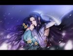  1boy 1girl black_cape black_hair brown_eyes cape closed_eyes copyright_request flower hair_flower hair_ornament long_hair outdoors redamon snowing standing very_long_hair 