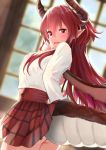  1girl alternate_hair_length alternate_hairstyle dragon_girl dragon_horns dragon_tail dragon_wings dutch_angle granblue_fantasy grea_(shingeki_no_bahamut) hair_between_eyes highres horns indoors looking_at_viewer manaria_friends open_mouth pointy_ears red_eyes red_skirt redhead school_uniform shingeki_no_bahamut shirt skirt solo standing tail white_shirt window wings zauberburg 