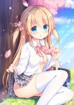  1girl :q bag bag_charm blonde_hair blue_sky blurry blurry_background blush bow breasts charm_(object) cherry_blossoms cleavage closed_mouth clouds collared_shirt commentary_request day depth_of_field dress_shirt feet_out_of_frame flower grass grey_skirt hair_bow hair_flower hair_ornament ikataruto lifted_by_self long_hair looking_at_viewer medium_breasts moe2019 no_bra on_grass original outdoors petals pink_bow pink_flower plaid plaid_skirt pleated_skirt school_bag school_uniform shirt sitting skirt skirt_lift sky smile solo thigh-highs tongue tongue_out tree two_side_up very_long_hair white_legwear white_shirt 