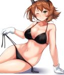  1girl bangs black_bra black_panties blush bra breasts brown_hair cleavage closed_mouth collarbone commentary_request eyebrows_visible_through_hair gloves green_eyes hair_between_eyes headgear holding kantai_collection large_breasts looking_at_viewer mutsu_(kantai_collection) navel panties radio_antenna short_hair side-tie_panties simple_background smile solo string_panties underwear underwear_only white_background white_gloves zanntetu 