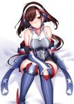  1girl ahoge american_flag american_flag_print azur_lane bangs bare_shoulders black_skirt blue_jacket blue_legwear blush boots breasts brown_hair closed_mouth collarbone covered_navel embarrassed eyebrows_visible_through_hair flag_print floating_hair frown gloves hairband half_gloves head_tilt high_collar highres independence_(azur_lane) jacket ken_ill large_breasts long_hair looking_at_viewer low_ponytail mole_on_thigh off_shoulder pleated_skirt red_eyes red_gloves sidelocks simple_background single_knee_pad single_thigh_boot skindentation skirt sleeveless_jacket solo taut_jacket thigh-highs thigh_boots white_background 