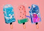  artist_name clouds crescent_moon food fruit liquid meyoco moon no_humans original pink_background popsicle simple_background sparkle watermelon watermelon_bar waves 