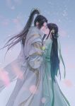  1boy 1girl black_hair blue_sky chinese_clothes copyright_request dress eye_contact flower green_dress hair_flower hair_ornament hair_rings high_ponytail lilianlotus long_hair long_sleeves looking_at_another outdoors sidelocks sky smile snowing standing very_long_hair 