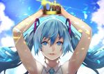  10 1girl 55level anniversary armpits arms_up bare_arms bare_shoulders blue_eyes blue_hair blue_neckwear blue_sky clouds cloudy_sky crown day floating_hair hair_between_eyes happy hatsune_miku holding long_hair looking_at_viewer necktie number outdoors parted_lips shirt sky sleeveless sleeveless_shirt smile solo sparkle teeth twintails vocaloid white_shirt 