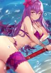  1girl alternate_costume bangs bikini blush bracelet breasts cleavage collarbone day eric_(pixiv9123557) eyebrows_visible_through_hair fate/grand_order fate_(series) flower gae_bolg hair_between_eyes hair_flower hair_ornament hibiscus highres holding holding_spear holding_weapon jewelry large_breasts leg_garter long_hair looking_at_viewer lying navel on_side outdoors partially_submerged polearm purple_bikini purple_hair red_eyes scathach_(fate)_(all) scathach_(fate/grand_order) scathach_(swimsuit_assassin)_(fate) smile solo spear swimsuit very_long_hair water weapon 