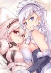  2girls :&lt; azur_lane bed_sheet belfast_(azur_lane) blush braid breast_press breasts closed_mouth collarbone commentary_request eyebrows_visible_through_hair french_braid frilled_gloves frills gloves hair_between_eyes indoors lace-trimmed_hairband large_breasts looking_at_viewer looking_back maid maid_headdress multiple_girls pillow puffy_sleeves red_eyes short_hair short_sleeves sidelocks silver_hair sirius_(azur_lane) smile violet_eyes white_gloves white_hair window yuki_shizuku 