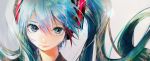  1girl absurdres aqua_hair blue_hair close-up commentary eyelashes face floating_hair grey_background hair_between_eyes hatsune_miku headset highres light_smile long_hair looking_at_viewer multicolored multicolored_eyes multicolored_hair osushimanchan pink_hair simple_background solo twintails upper_body vocaloid 